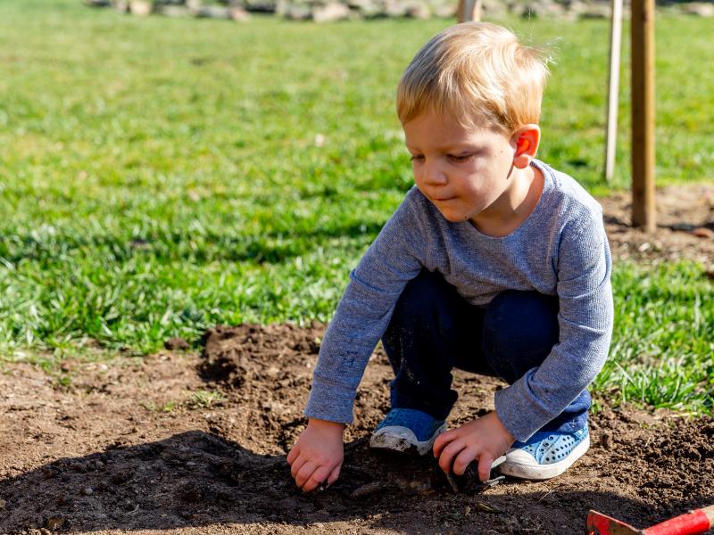 Toddler boy thinking in a Montessori playground