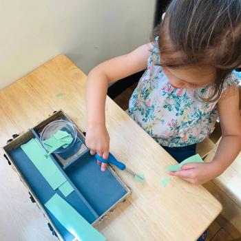 Toddler independently cutting with scissors at Lifetime Montessori School 