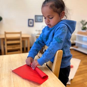 Toddler independently setting the table at Lifetime Montessori School 