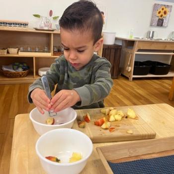 Toddler independently cutting apples at Lifetime Montessori School 